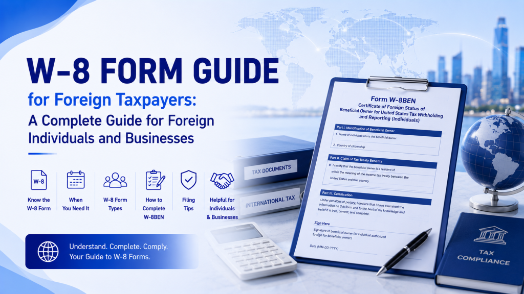 W‑8 Form guide for foreign taxpayers infographic, complete guide for foreign individuals and businesses, Form W‑8BEN tax paperwork, international tax documents, world map and city skyline background