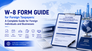 W‑8 Form guide for foreign taxpayers infographic, complete guide for foreign individuals and businesses, Form W‑8BEN tax paperwork, international tax documents, world map and city skyline background