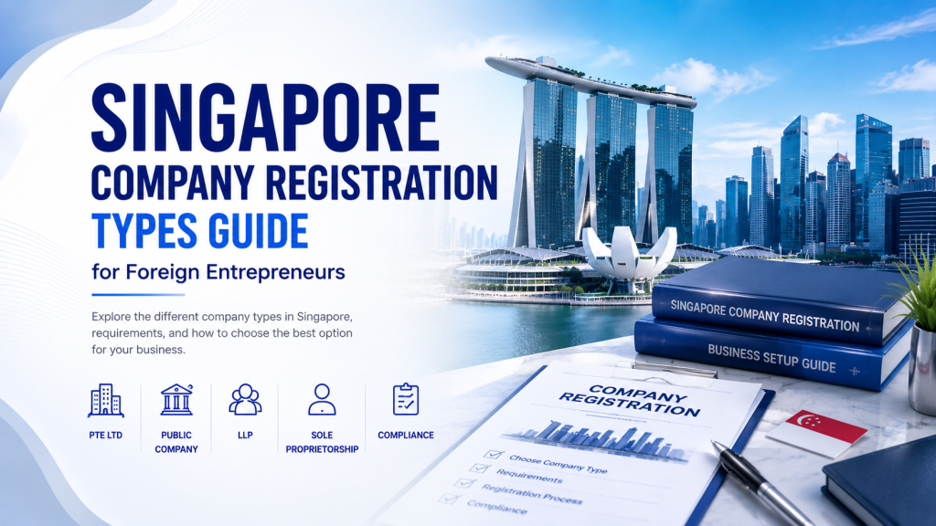 Singapore company registration types guide for foreign entrepreneurs infographic, PTE LTD, Public Company, LLP, Sole Proprietorship, Singapore Marina Bay Sands city skyline, business registration documents