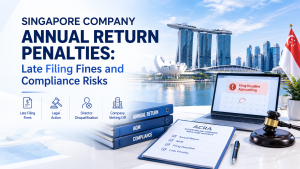 Singapore company annual return penalties infographic, showing late filing fines, legal action, director disqualification and striking‑off risks with Singapore Marina Bay city skyline, ACRA documents and gavel