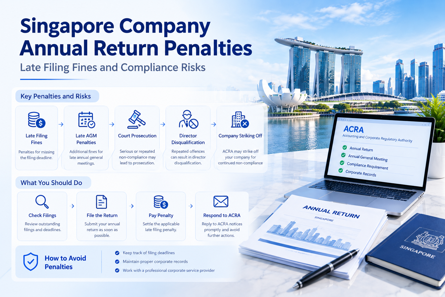 Singapore ACRA annual return late filing penalties compliance guide infographic, lists fines, prosecution, director disqualification, company striking‑off and steps to avoid penalties