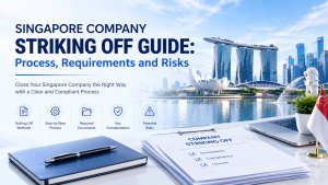 Singapore company striking‑off guide infographic, covering striking off methods, process, documents, considerations and risks, Marina Bay skyline and Singapore flag background