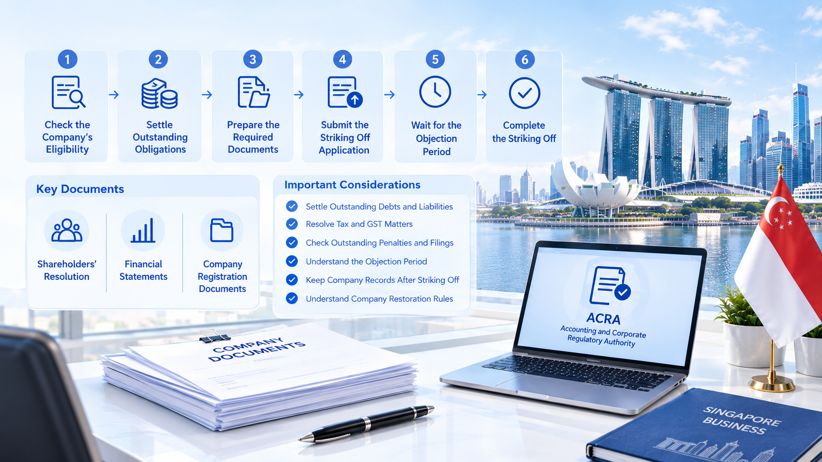 Step‑by‑step Singapore ACRA company striking‑off process infographic, lists eligibility check, obligations, required documents and key considerations for closing a Singapore company