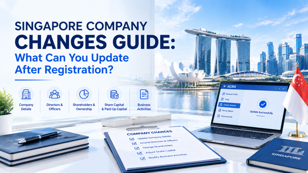 Singapore company changes guide infographic, what you can update after company registration, including company details, directors, shareholders, share capital and business activities, Marina Bay skyline and ACRA laptop interface