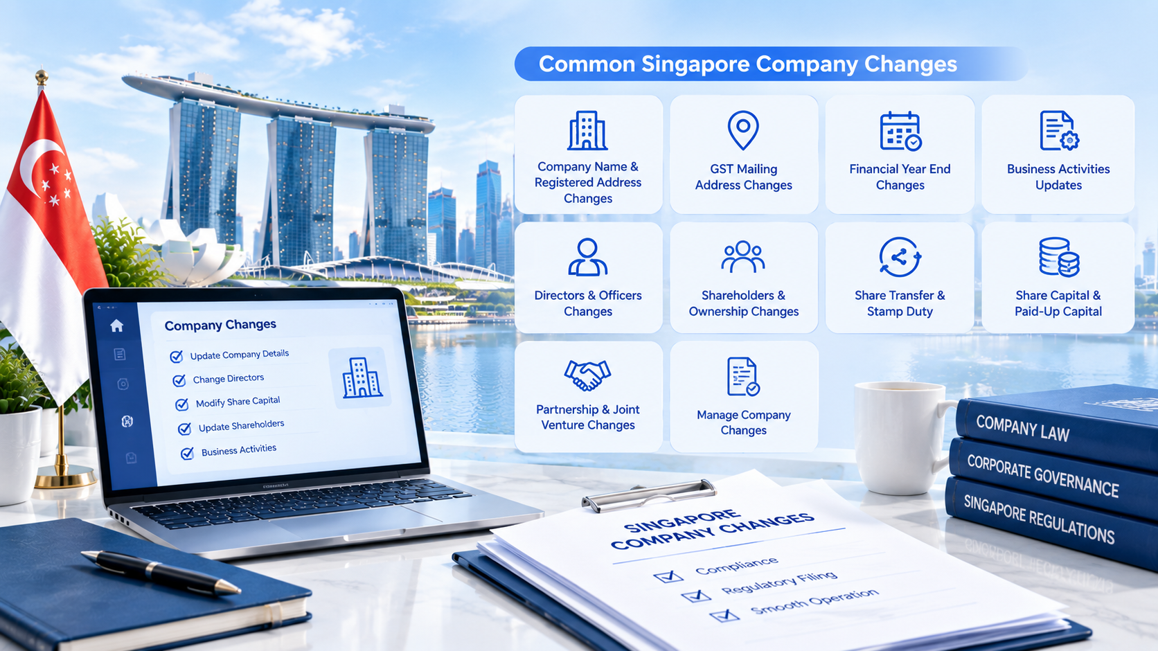 Common Singapore company post‑registration changes infographic, covers company name, address, directors, shareholders, share transfer, business activities and compliance filing with Singapore city background