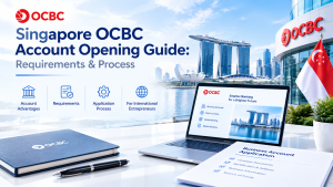 Singapore OCBC business account opening guide infographic, covering account advantages, requirements, application process for international entrepreneurs, OCBC bank building and Marina Bay city skyline background