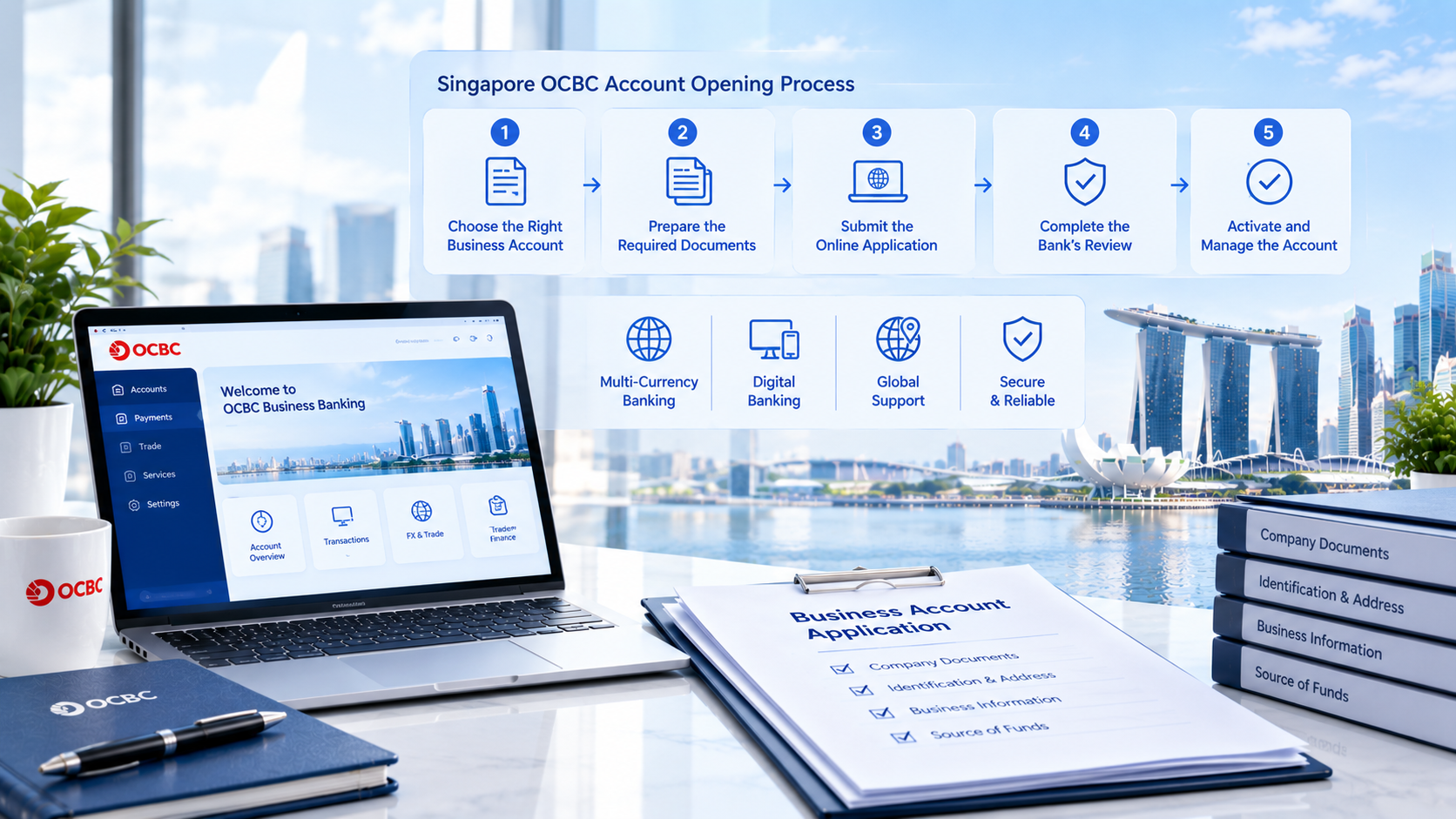 Step‑by‑step Singapore OCBC business account opening process infographic, shows account selection, document preparation, online submission, bank review and account activation, multi‑currency digital banking features