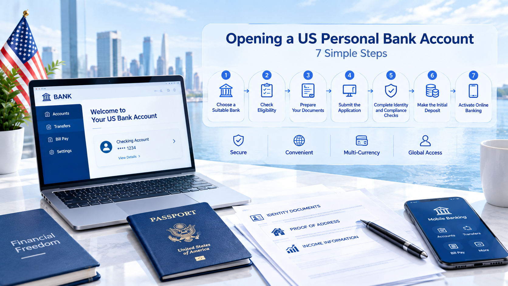 7 simple steps to open a US personal bank account infographic, includes bank selection, document preparation, identity verification, initial deposit and online banking activation, New York city skyline and US flag