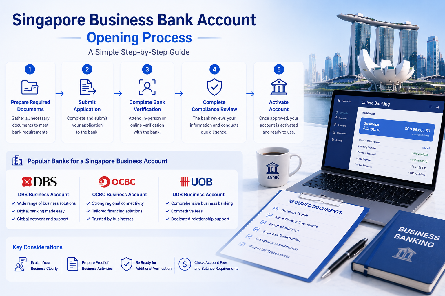 Singapore business bank account opening step‑by‑step guide infographic, DBS OCBC UOB bank options, required documents and compliance review for corporate bank account setup