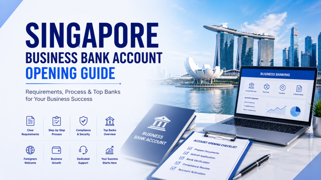 Singapore business bank account opening guide infographic, requirements, process and top banks overview, Marina Bay Sands cityscape, corporate banking checklist for foreign entrepreneurs