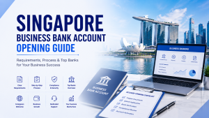 Singapore business bank account opening guide infographic, requirements, process and top banks overview, Marina Bay Sands cityscape, corporate banking checklist for foreign entrepreneurs