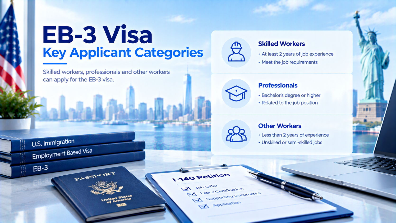 Infographic about EB-3 Visa key applicant categories, showing three groups: Skilled Workers (minimum 2 years work experience), Professionals (bachelor’s degree related to job), Other Workers (under 2 years experience for unskilled or semi-skilled jobs. Visuals include US passport, I-140 petition checklist, US immigration books, New York skyline and Statue of Liberty background.