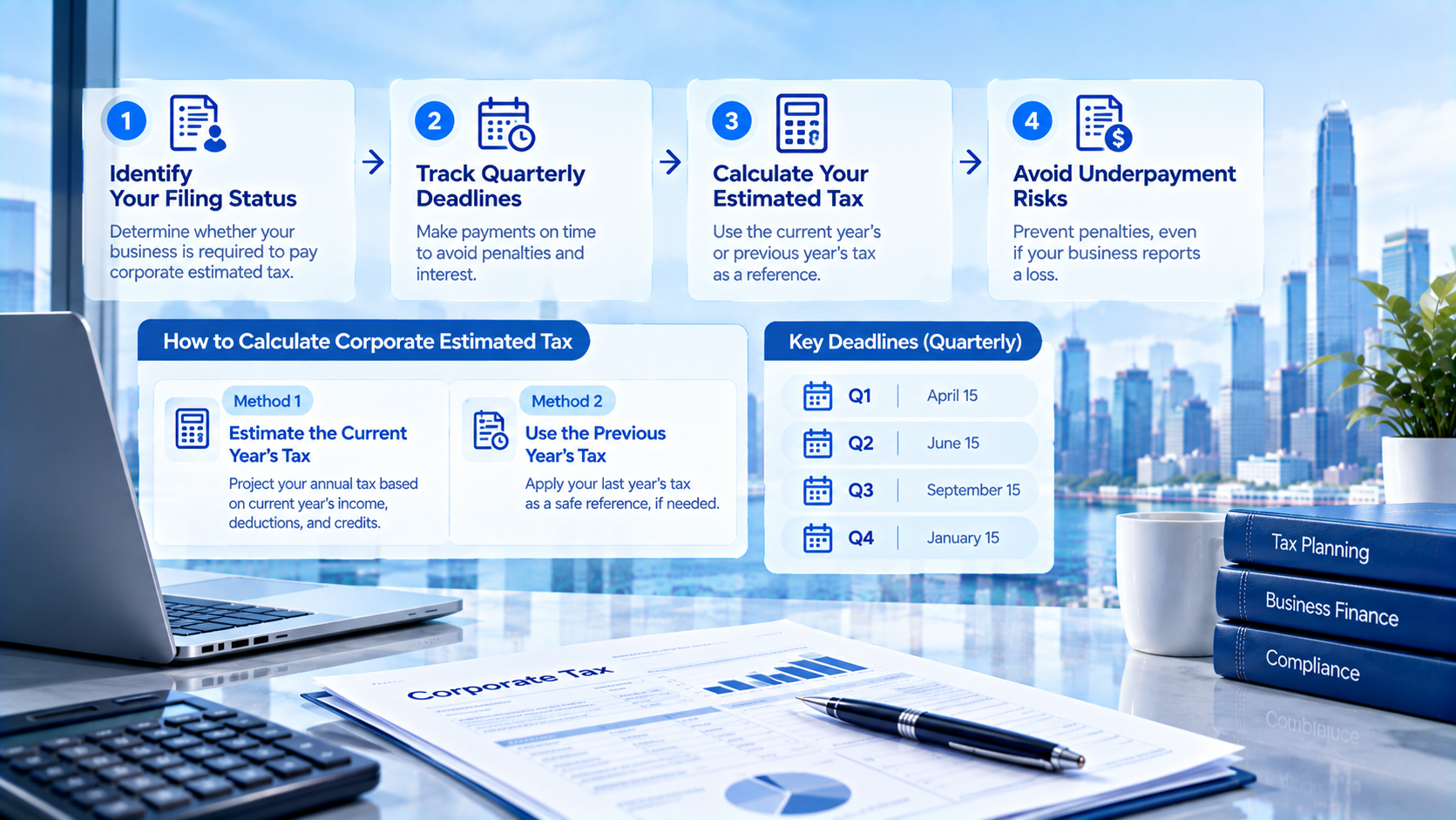 Infographic showing 4-step guide to calculate corporate estimated tax, two calculation methods and quarterly tax deadlines, New York city office background with corporate tax documents, calculator and tax planning books.