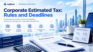IngStart banner titled Corporate Estimated Tax: Rules and Deadlines, covers who needs to pay, quarterly deadlines, calculation methods, underpayment risks, office workspace with estimated tax paperwork and calendar.