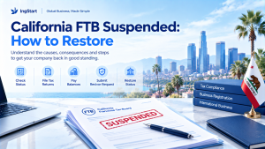 Infographic by IngStart titled California FTB Suspended: How to Restore, showing Los Angeles skyline, California state flag, FTB suspended document, laptop and legal books; 5-step guide: Check Status, File Tax Returns, Pay Balances, Submit Revivor Request, Restore Status.