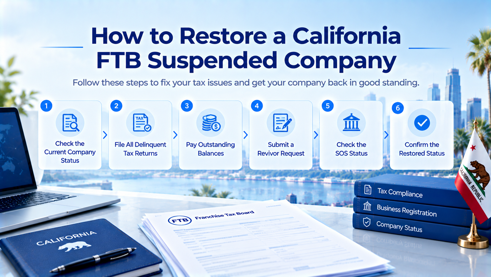 IngStart infographic How to Restore a California FTB Suspended Company with 6-step workflow: Check Current Company Status, File All Delinquent Tax Returns, Pay Outstanding Balances, Submit a Revivor Request, Check the SOS Status, Confirm the Restored Status, California city background, FTB paperwork and state flag.