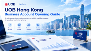 UOB Hong Kong business account opening guide infographic with 4 key benefits: Secure Banking, Global Access, Business Growth, Trusted Partner; Hong Kong harbour cityscape, UOB business account application documents and office stationery.
