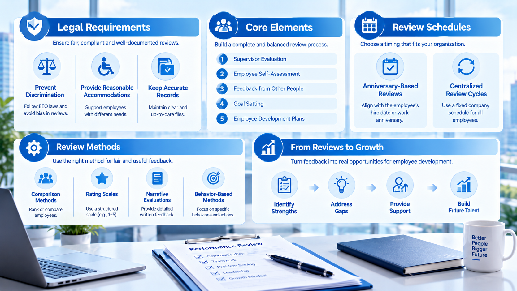 Employee performance review infographic covering legal requirements, core review elements, review schedules, review methods and growth plan, EEO compliance, supervisor evaluation, self-assessment, goal setting, office desk with performance review checklist and laptop background