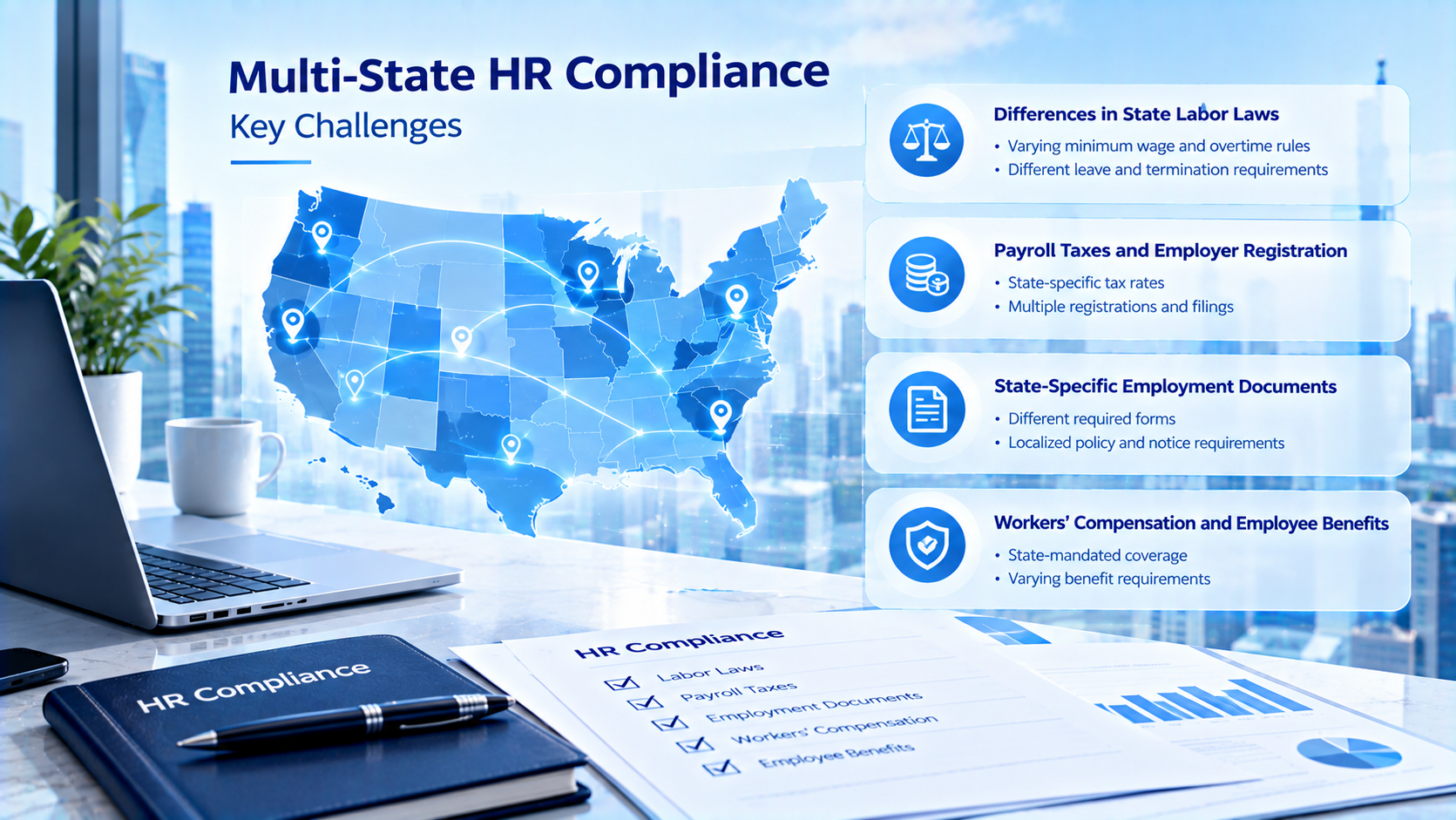 Infographic for Multi-State HR Compliance: Key Challenges, covering state labor law differences, payroll taxes & employer registration, state-specific employment documents, workers’ compensation and employee benefits, glowing US map graphic, office desk with HR compliance checklist and laptop.