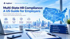 IngStart banner titled Multi-State HR Compliance: A US Guide for Employers, featuring sections on multi-state compliance, payroll & taxes, HR policies & benefits, remote team management, US map graphic, New York cityscape background with HR compliance paperwork on desk.