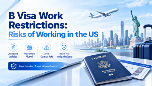 B visa work restrictions banner, risks of working in the US, understand visa rules, know allowed activities, avoid immigration risks, protect legal status, US passport, boarding pass, Statue of Liberty and New York skyline background