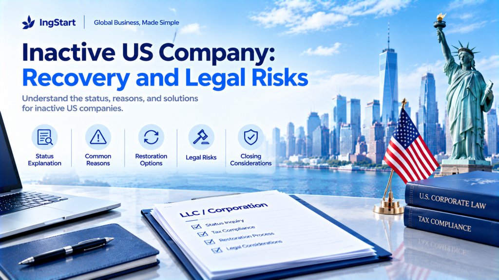 IngStart infographic titled Inactive US Company: Recovery and Legal Risks, NYC skyline and Statue of Liberty background, US flag, LLC and corporate law documents, 5 icons covering status explanation, common reasons, restoration options, legal risks, closing considerations.
