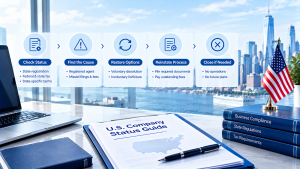 IngStart infographic titled Inactive US Company: Recovery and Legal Risks, NYC skyline and Statue of Liberty background, US flag, LLC and corporate law documents, 5 icons covering status explanation, common reasons, restoration options, legal risks, closing considerations.