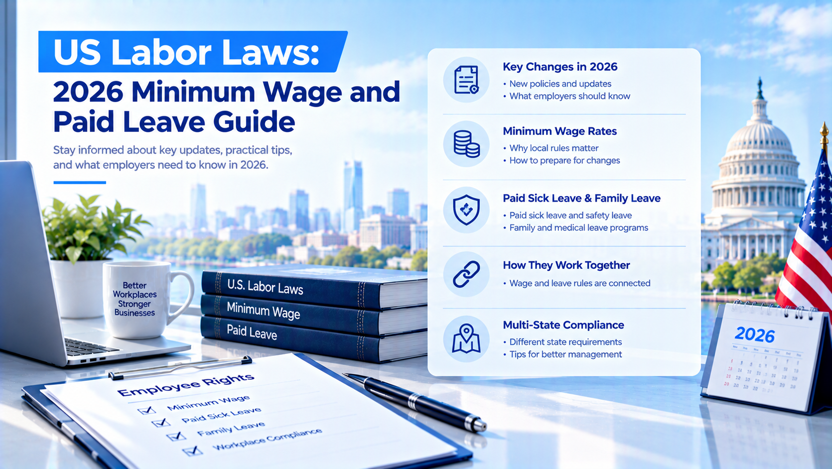 Infographic for US Labor Laws 2026 Minimum Wage and Paid Leave Guide. Sections include 2026 key policy changes, minimum wage rates, paid sick & family leave, wage and leave interactions, multi-state compliance. Visual elements: US labor law books, employee rights checklist, laptop, branded mug, 2026 calendar, US Capitol and American flag background.