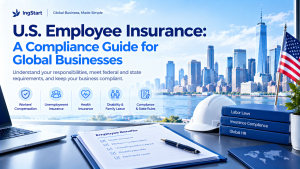 IngStart cover graphic titled U.S. Employee Insurance: A Compliance Guide for Global Businesses, New York skyline office background, employee benefits checklist, US flag, icons for workers compensation, unemployment insurance, health insurance, disability & family leave, compliance rules.