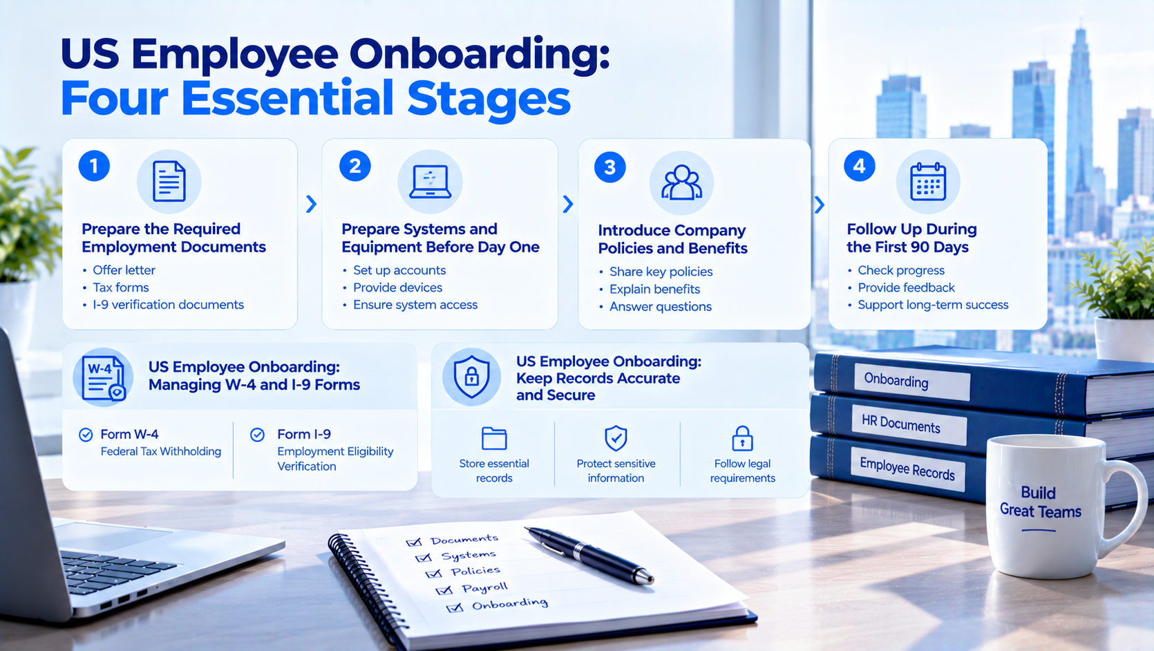 IngStart infographic titled US Employee Onboarding: Four Essential Stages, showing four sequential steps: Prepare the Required Employment Documents, Prepare Systems and Equipment Before Day One, Introduce Company Policies and Benefits, Follow Up During the First 90 Days. It also covers W-4 federal tax withholding and I-9 employment eligibility verification, plus guidance for secure employee record storage. NYC office desk background with laptop, checklist notebook and HR books.