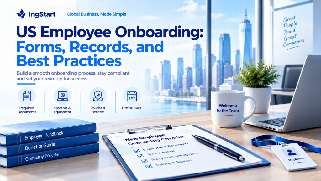 IngStart cover graphic US Employee Onboarding: Forms, Records, and Best Practices. Four core icons: Required Documents, Systems & Equipment, Policies & Benefits, First 90 Days. Office scene with new employee onboarding checklist clipboard, employee ID badge, handbook stack, laptop and "Welcome to the Team" mug, NYC skyline background. Tagline: Build a smooth onboarding process, stay compliant and set your team up for success. **Short SEO Alt Text**: IngStart US new hire onboarding best practices cover for compliant employee onboarding