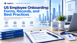 IngStart cover graphic US Employee Onboarding: Forms, Records, and Best Practices. Four core icons: Required Documents, Systems & Equipment, Policies & Benefits, First 90 Days. Office scene with new employee onboarding checklist clipboard, employee ID badge, handbook stack, laptop and "Welcome to the Team" mug, NYC skyline background. Tagline: Build a smooth onboarding process, stay compliant and set your team up for success. **Short SEO Alt Text**: IngStart US new hire onboarding best practices cover for compliant employee onboarding