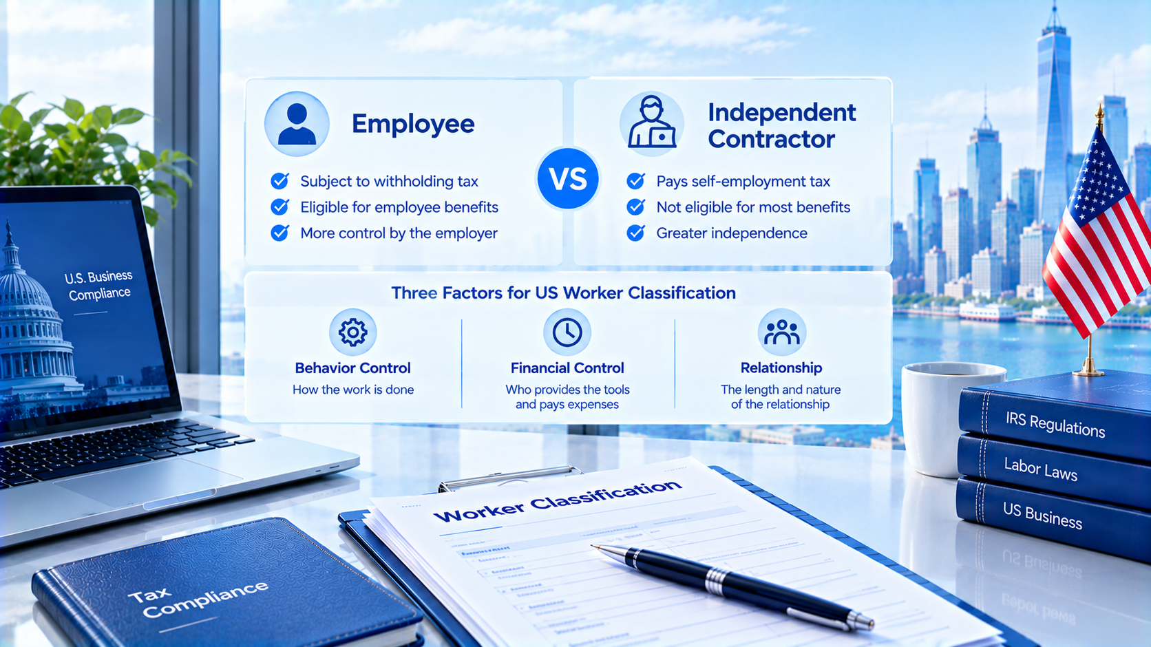 Infographic comparing Employee vs Independent Contractor for US worker classification, showing tax rules, benefits and three IRS classification factors: Behavior Control, Financial Control, Relationship, with New York office background, US flag and tax compliance documents.