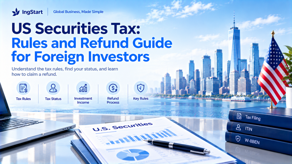 IngStart guide banner US Securities Tax: Rules and Refund Guide for Foreign Investors, covers tax rules, tax status, investment income, refund process, W-8BEN and ITIN, New York city waterfront office background