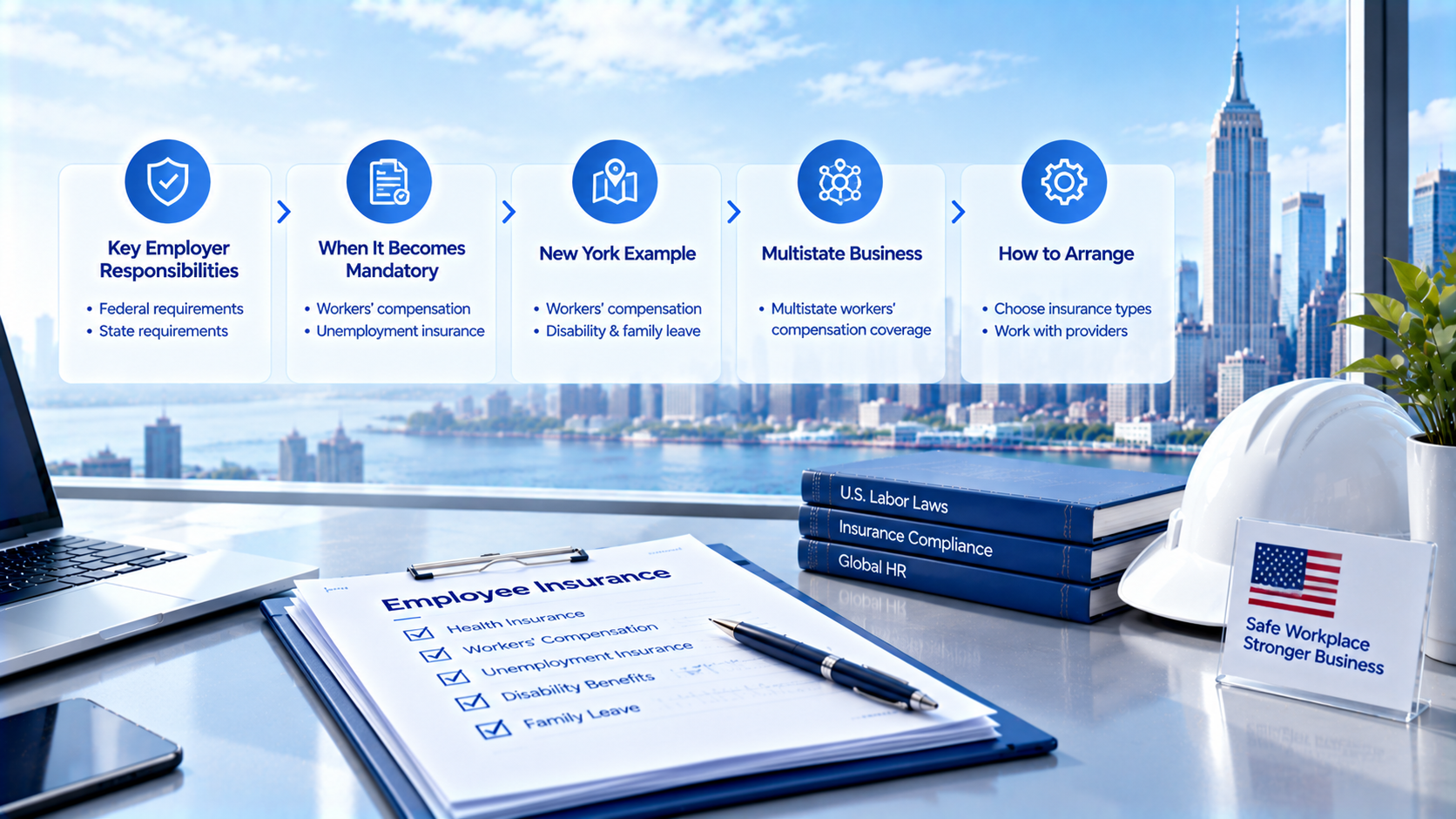 Infographic showing step-by-step workflow for US employer insurance compliance, with New York city skyline background, office desk with employee insurance checklist document, labor law books, hard hat. Sections: Key Employer Responsibilities, When It Becomes Mandatory, New York Example, Multistate Business, How to Arrange.