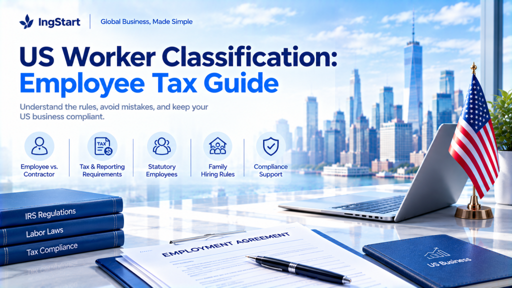 IngStart US Worker Classification Employee Tax Guide banner, covers employee vs contractor, tax reporting, statutory employees, family hiring and compliance support, office scene with US flag, employment agreement and law books.