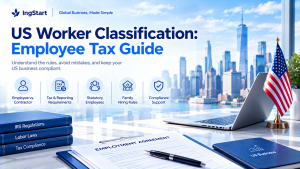 IngStart US Worker Classification Employee Tax Guide banner, covers employee vs contractor, tax reporting, statutory employees, family hiring and compliance support, office scene with US flag, employment agreement and law books.