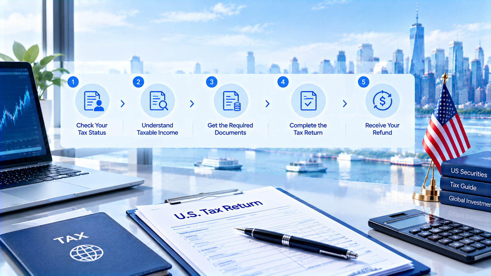 5-step infographic for US securities tax refund process for foreign investors: Check Your Tax Status, Understand Taxable Income, Get the Required Documents, Complete the Tax Return, Receive Your Refund, New York city skyline office background with US tax return paperwork