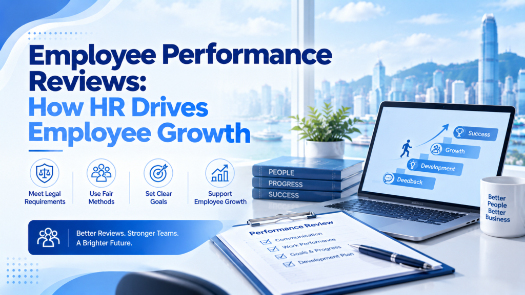 Employee performance reviews HR growth guide banner, meet legal requirements, use fair review methods, set clear goals, support employee development, performance review checklist on desk with laptop and Hong Kong Victoria Harbour skyline background