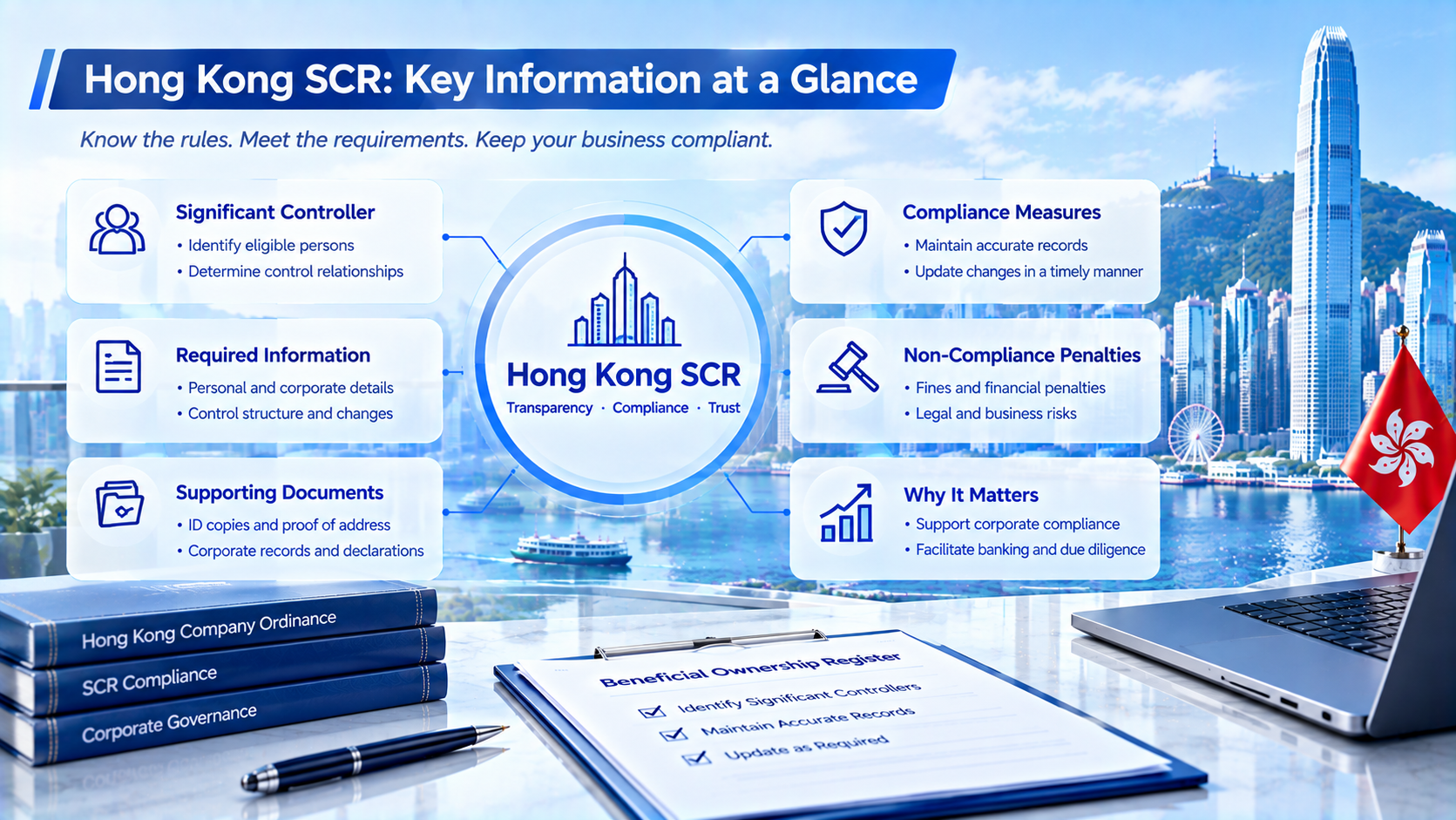 Infographic Hong Kong SCR: Key Information at a Glance, introducing significant controller definition, required information, supporting documents, compliance measures, non-compliance penalties and business importance, Hong Kong Victoria Harbour skyline background with beneficial ownership register paperwork.