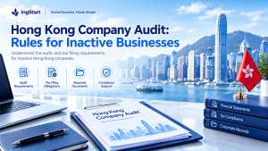 IngStart infographic Hong Kong Company Audit: Rules for Inactive Businesses, explains audit requirements, tax filing obligations, required documents and compliance support, Hong Kong Victoria harbour skyline background