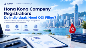 IngStart cover graphic titled Hong Kong Company Registration: Do Individuals Need ODI Filing? Hong Kong Victoria Harbour skyline background, office desk with overseas investment document, Hong Kong flag, icons for HK registration, ODI filing, capital investment and international business.