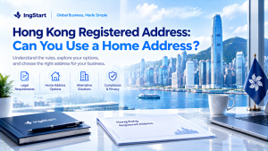 IngStart banner titled Hong Kong Registered Address: Can You Use a Home Address? Includes sections on legal requirements, home address options, alternative solutions and compliance & privacy, Hong Kong cityscape background with Hong Kong flag and registered address paperwork on office desk.