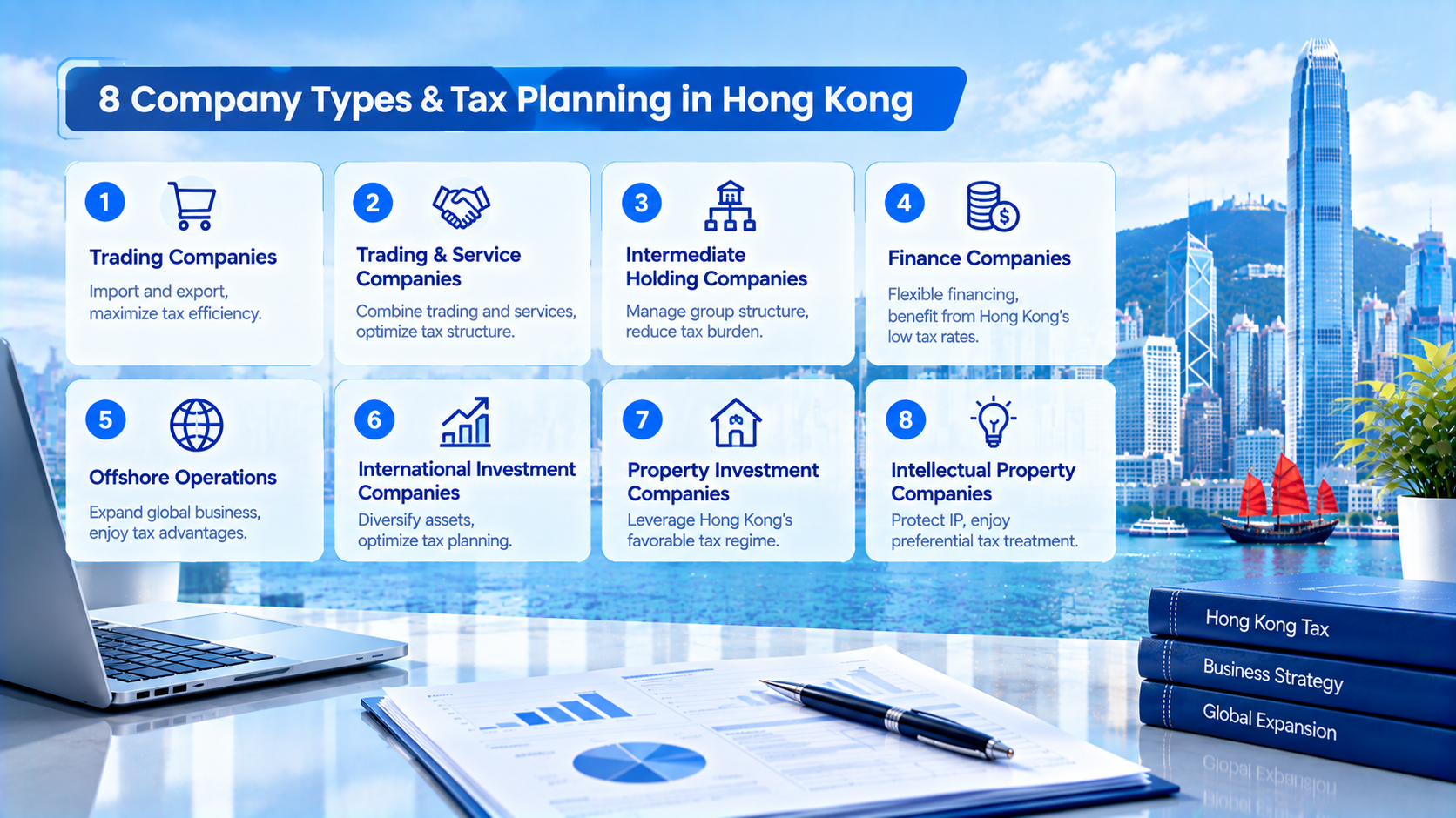 Infographic introducing 8 Hong Kong company types for tax planning: trading, trading & service, holding, finance, offshore, investment, property and IP companies, Hong Kong Victoria Harbour background with tax strategy documents.