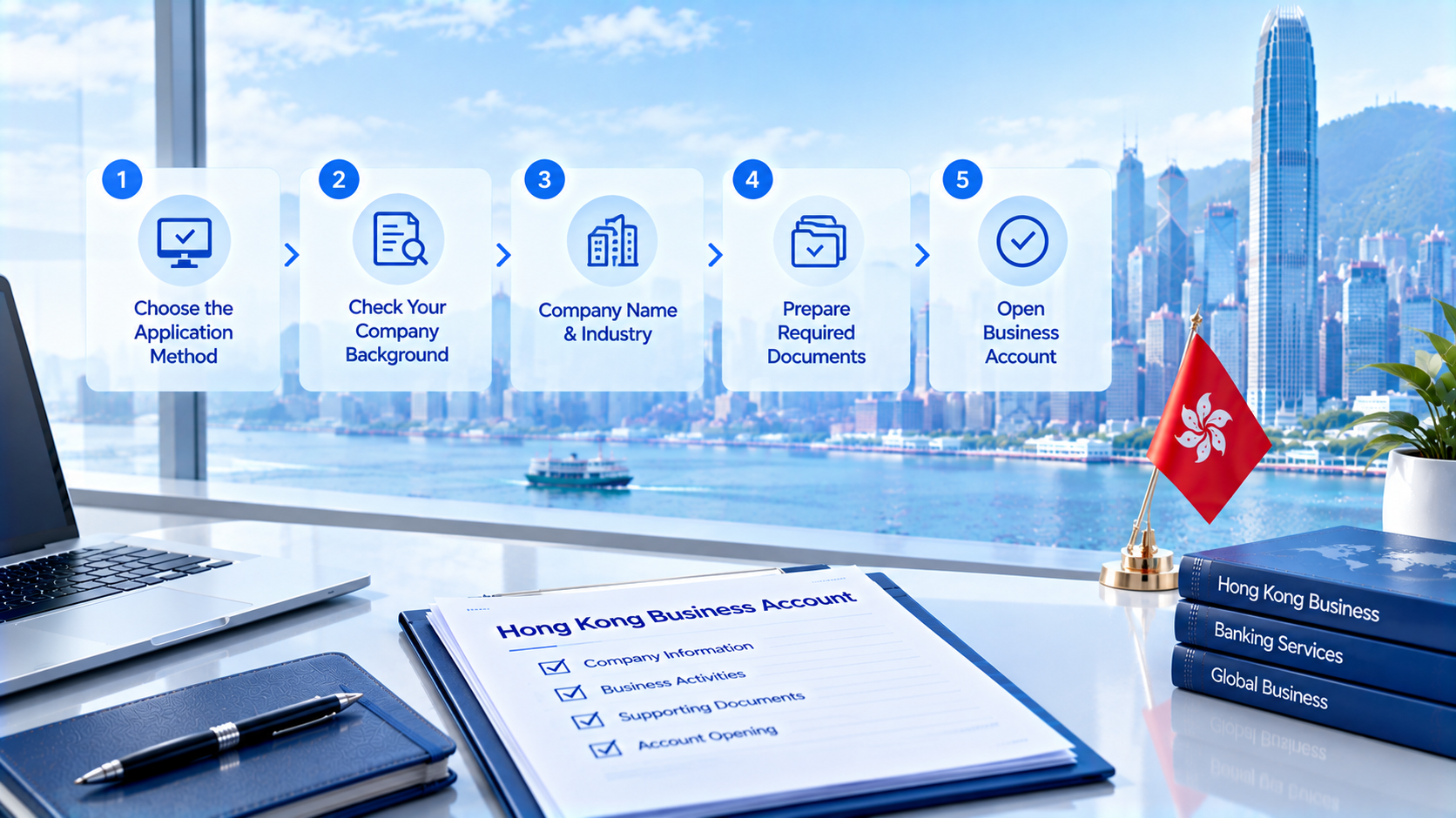 IngStart infographic showing 5-step guide for Hong Kong business account opening: choose application method, check company background, confirm company name & industry, prepare required documents, open business account; Hong Kong skyline backdrop, business paperwork, laptop and Hong Kong flag.