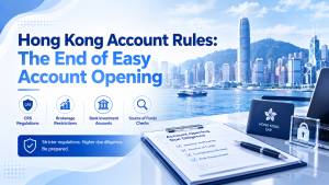 5-step guide for opening Hong Kong bank account, prepare documents, select bank, submit application, compliance due diligence checklist, Hong Kong finance banner