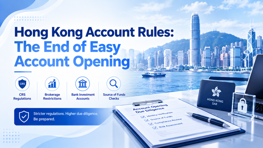 Hong Kong account rules infographic, stricter bank opening requirements, CRS regulations, brokerage restrictions, source of funds check, Hong Kong skyline background