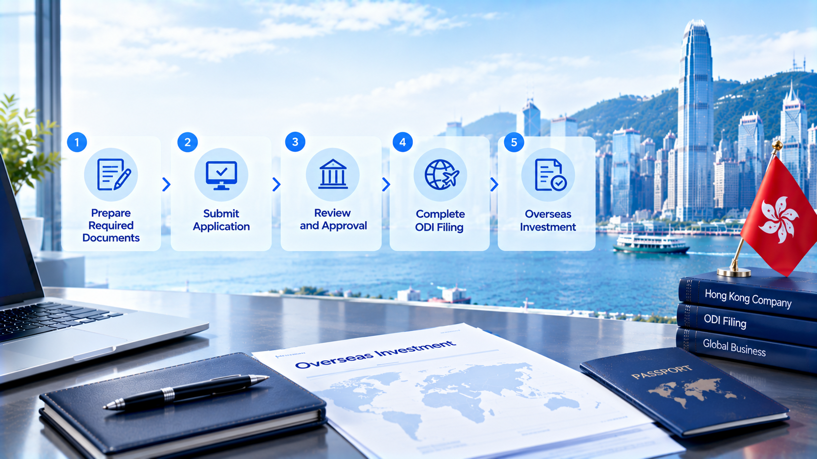 Infographic showing 5-step ODI filing workflow for Hong Kong company registration, Hong Kong harbour skyline backdrop, desk with overseas investment paperwork and passport. Steps: Prepare Required Documents, Submit Application, Review and Approval, Complete ODI Filing, Overseas Investment.