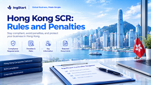 IngStart banner Hong Kong SCR: Rules and Penalties, covering compliance requirements, penalties & risks, key information and required documents, Hong Kong cityscape background with Significant Controller Register documents on office desk.