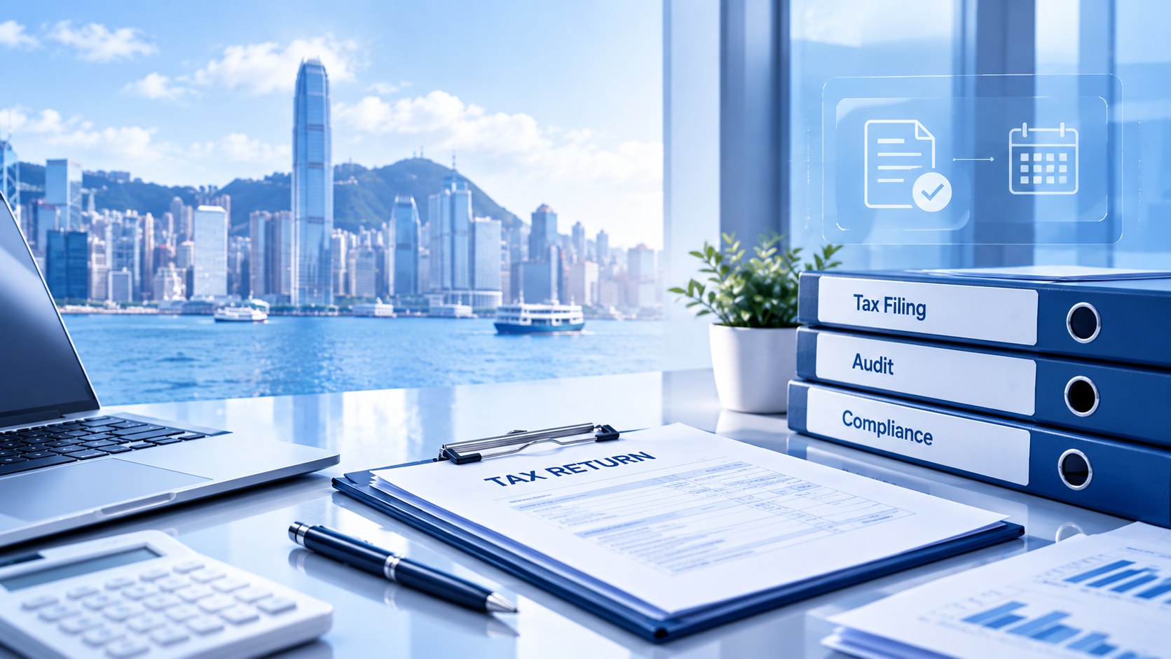 Hong Kong tax filing and audit compliance workspace with Victoria Harbour view